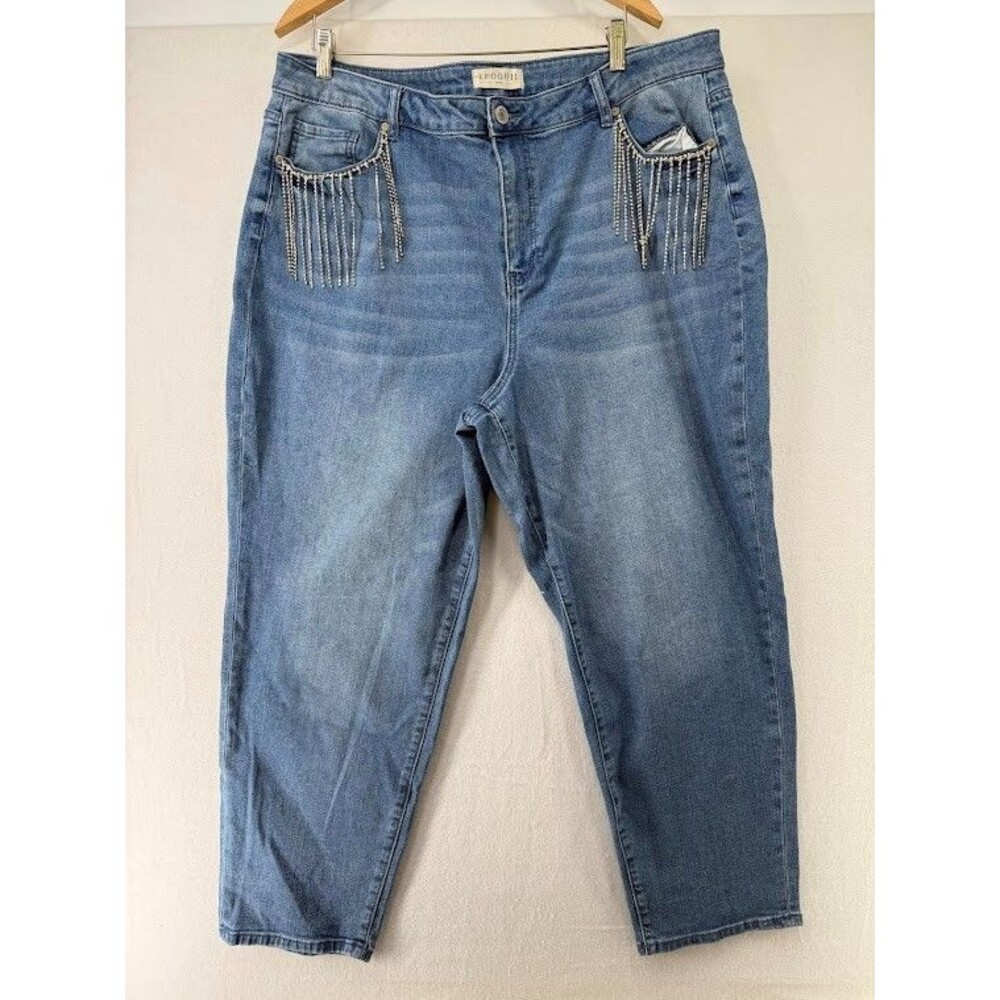 Eloquii Women's Jeans Fringed Embellished Pocked Size 20 Inseam 28" Ligh Washed